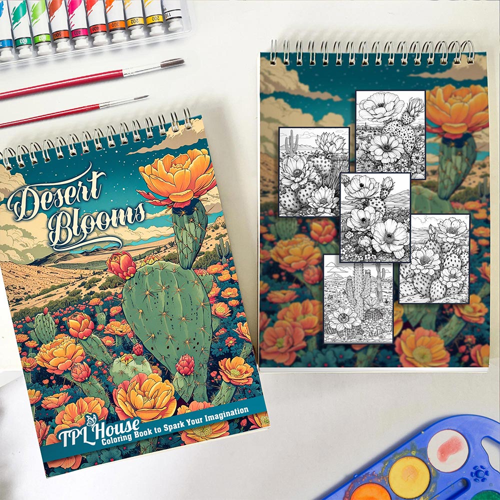 TPLHOUSE Desert Blooms Spiral Coloring Book for Adults