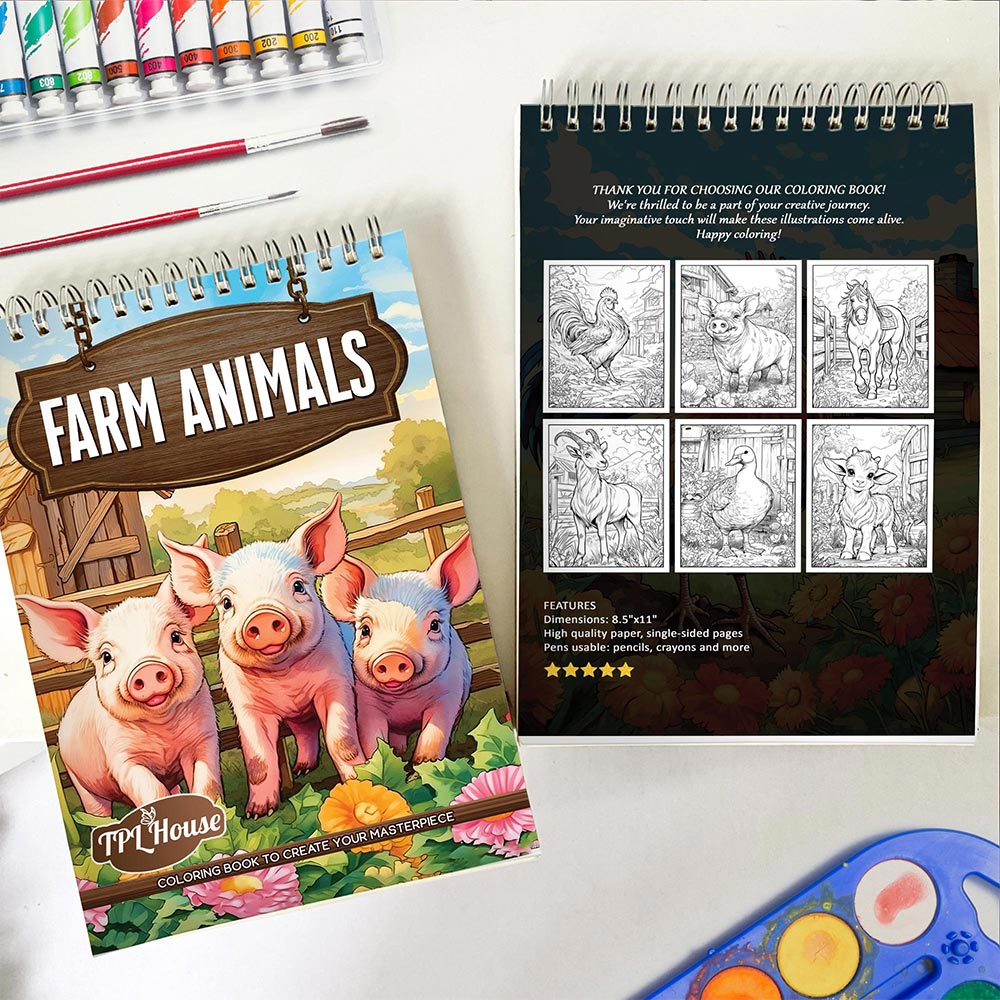 TPLHOUSE Farm Animals Spiral Coloring Book for Adult