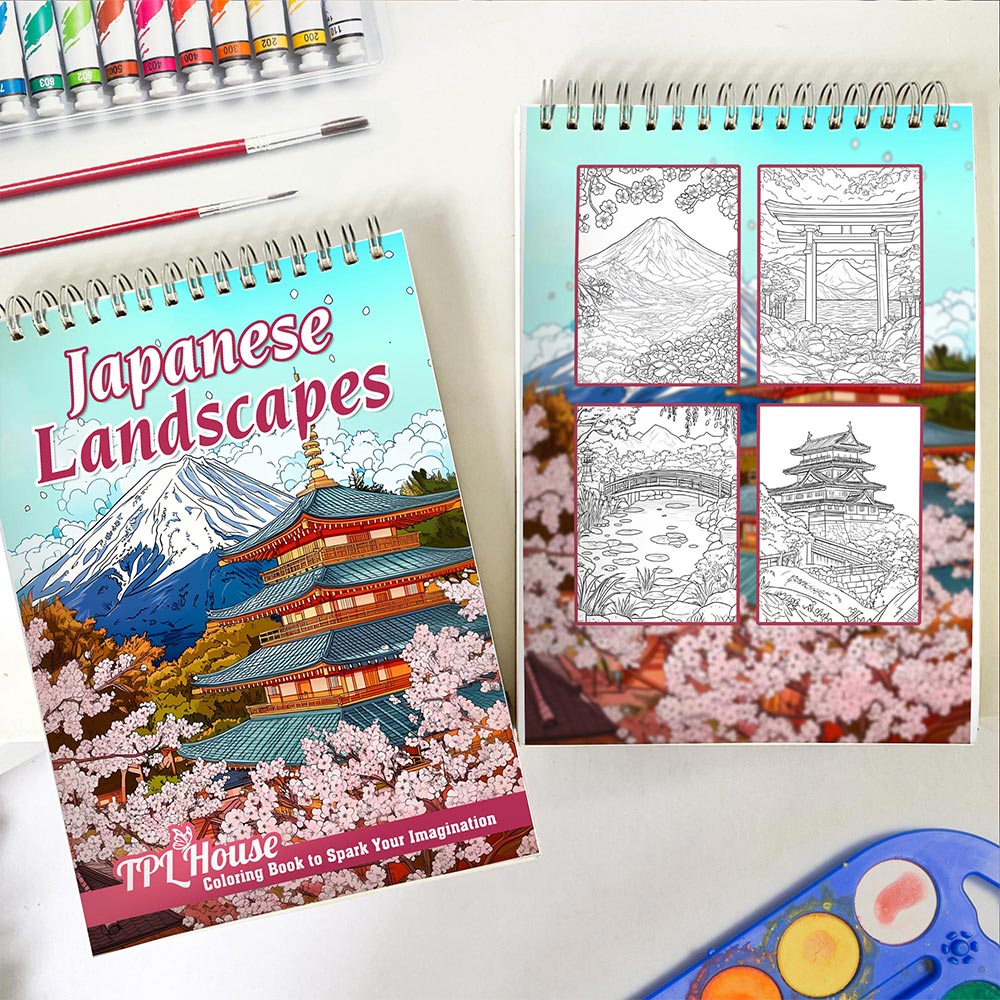 TPLHOUSE Japanese Landscapes Spiral Coloring Book for Adults