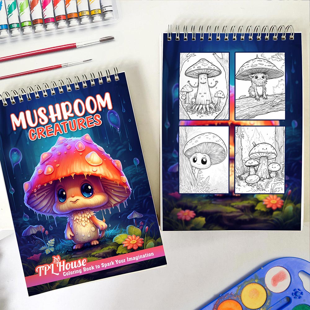 TPLHOUSE Mushroom Creatures Spiral Coloring Book for Adults