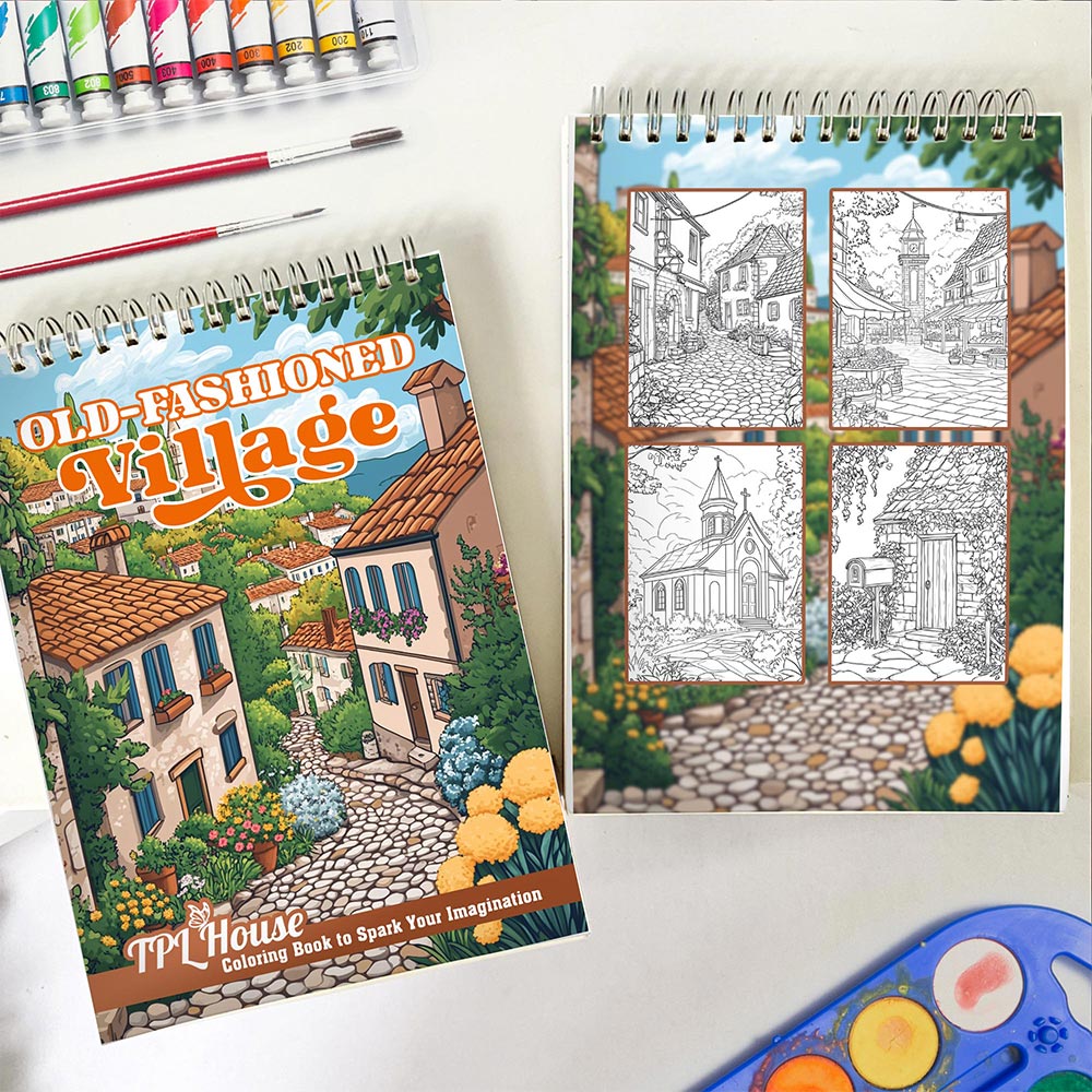 TPLHOUSE Old-Fashioned Village Spiral Coloring Book for Adults