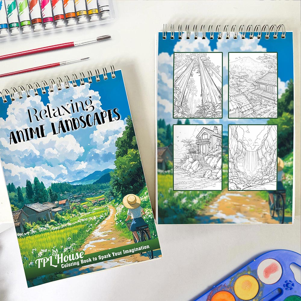 TPLHOUSE Relaxing Anime Landscapes Spiral Coloring Book for Adults