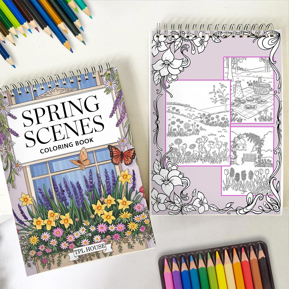 TPLHOUSE Spring Scenes Spiral Coloring Book for Adults