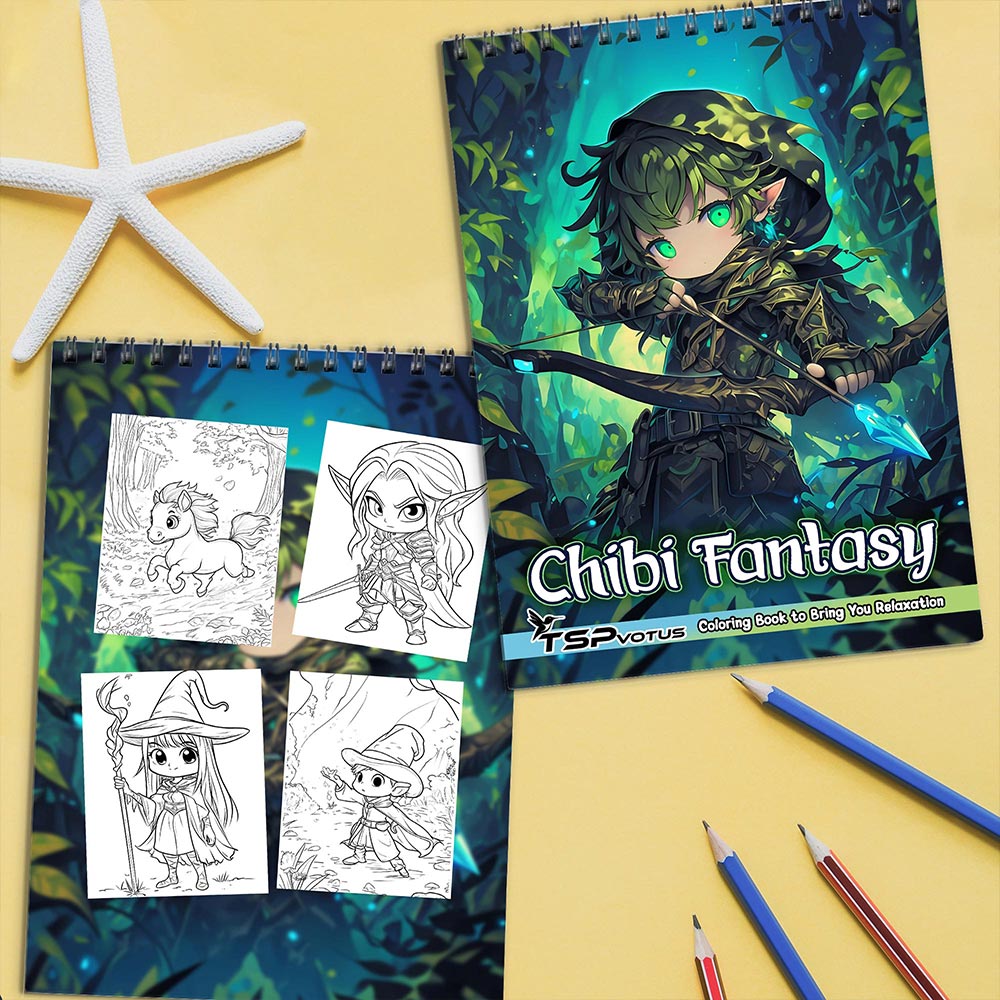 TSPVOTUS Chibi Fantasy Coloring Book Spiral Bound for Adult