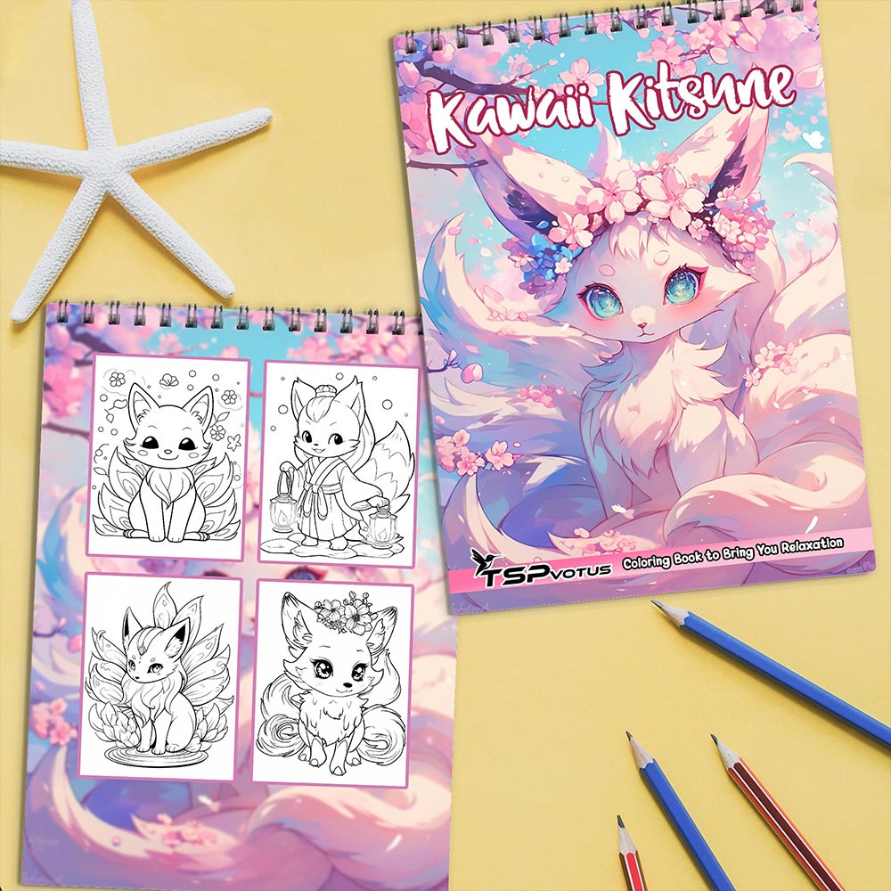 TSPVOTUS Kawaii Kitsune Coloring Book Spiral Bound for Adult