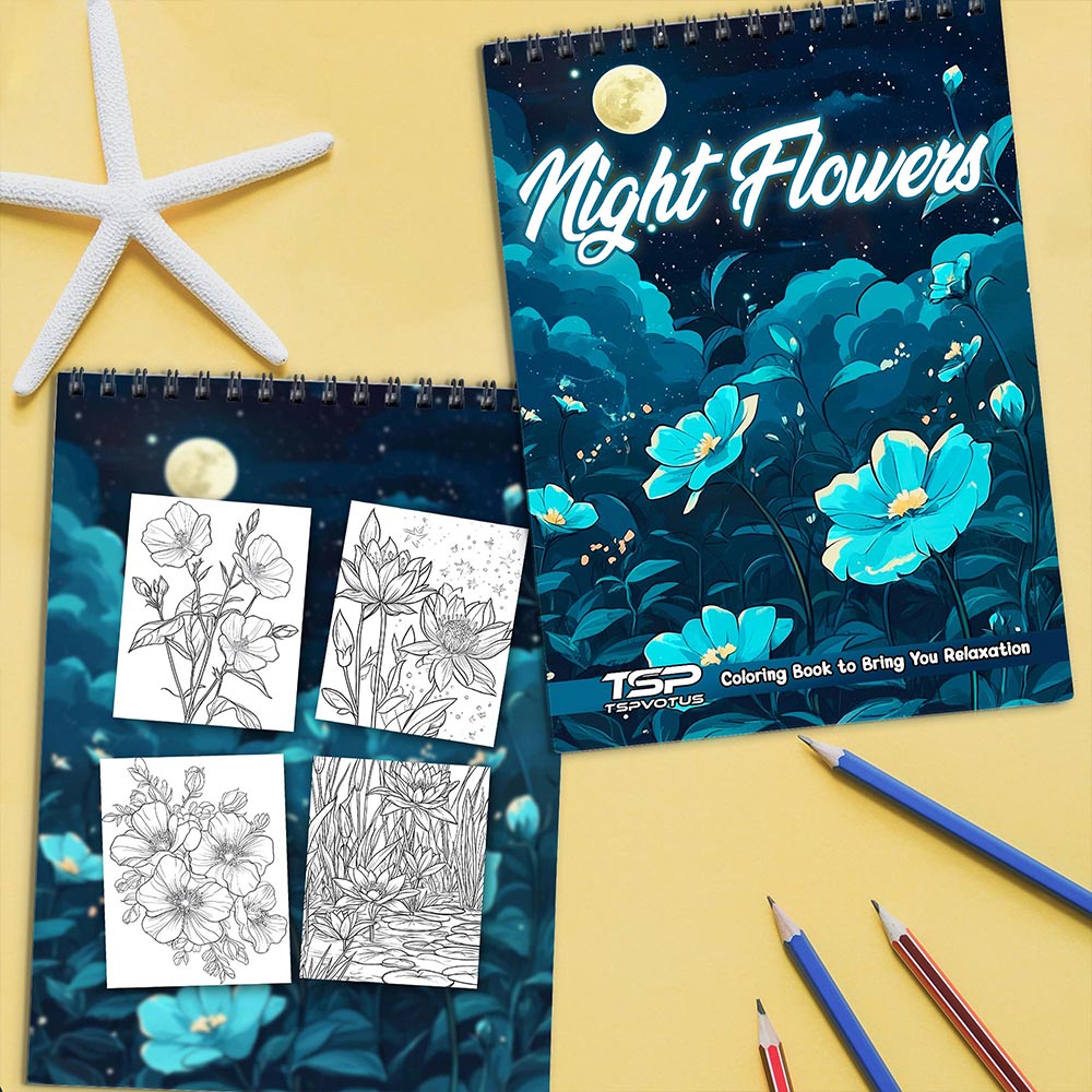 TSPVOTUS Night Flowers Coloring Book Spiral Bound for Adult