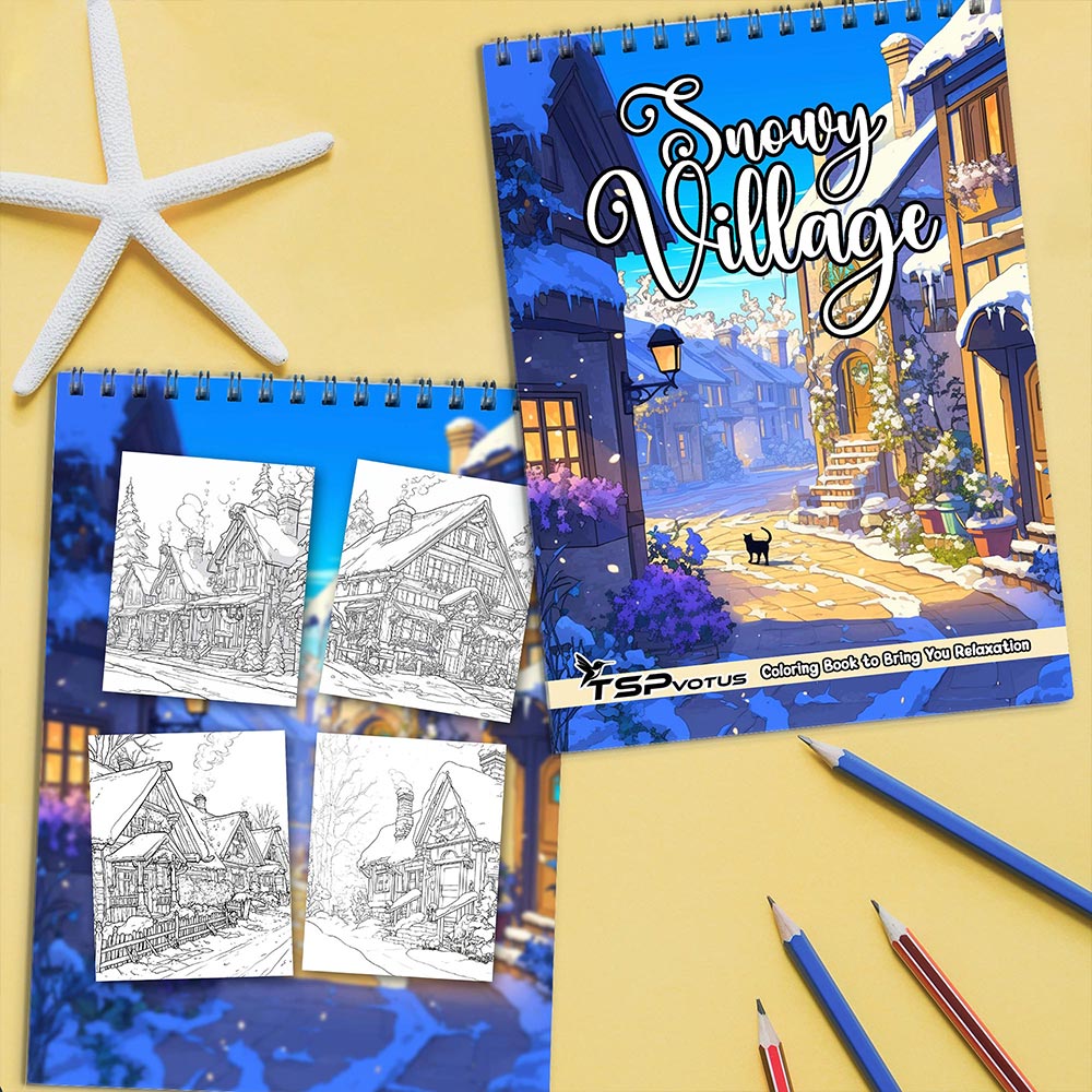 TSPVOTUS Snowy Village Coloring Book Spiral Bound for Adults