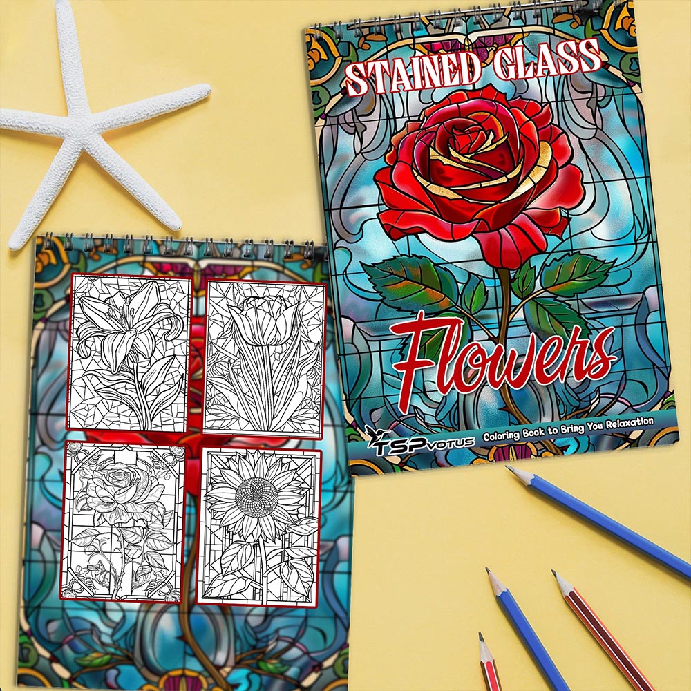 TSPVOTUS Stained Glass Flowers Coloring Book Spiral Bound for Adult