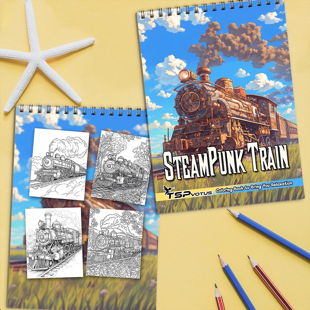 TSPVOTUS Steampunk Train Coloring Book Spiral Bound for Adults