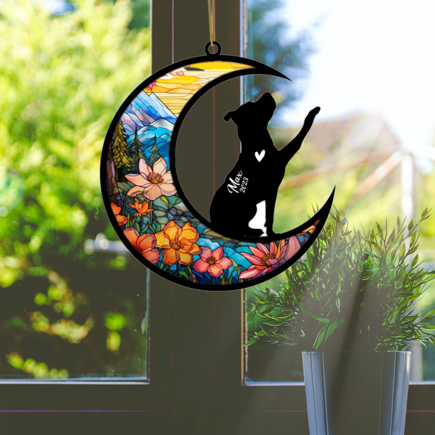 Netecom Personalized Pitbull Memorial Suncatcher, Beagle Christmas Ornament with Name Date, Dog Memorial Ornament Loss of Pet Sympathy Gift, Pet Loss Stained Glass