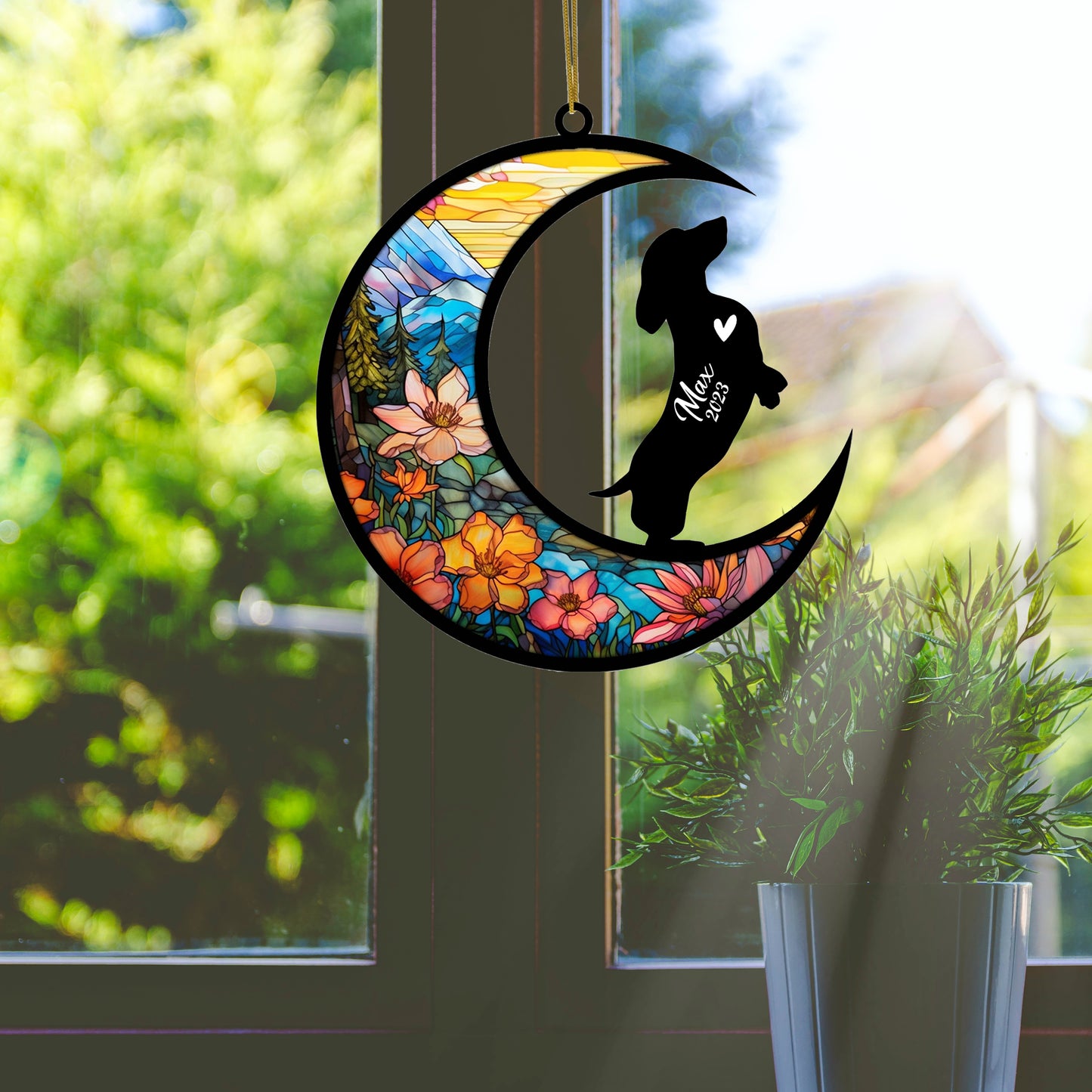 Netecom Personalized Dachshund Memorial Suncatcher, Beagle Christmas Ornament with Name Date, Dog Memorial Ornament Loss of Pet Sympathy Gift, Pet Loss Stained Glass