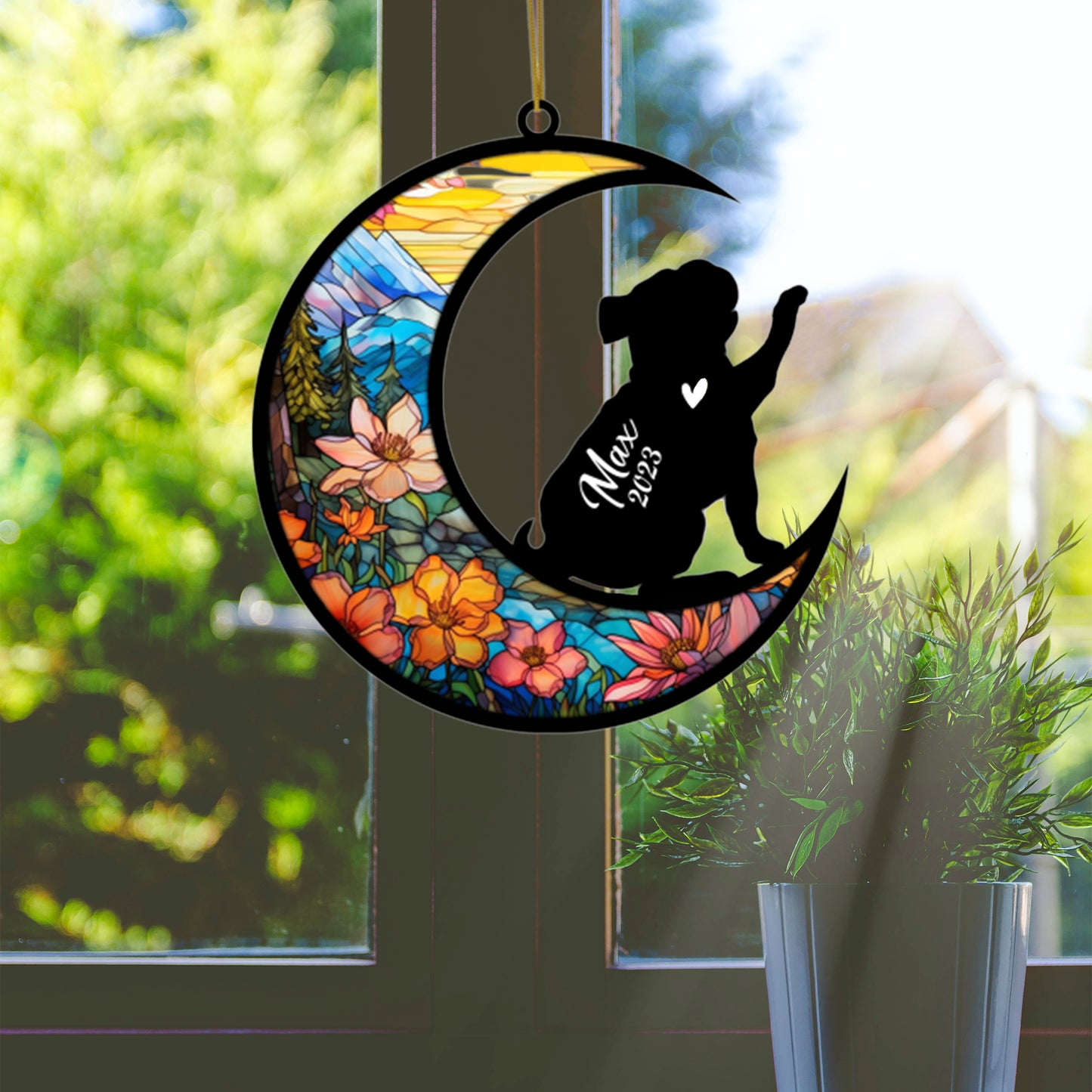 Netecom Personalized Pug Memorial Suncatcher, Beagle Christmas Ornament with Name Date, Dog Memorial Ornament Loss of Pet Sympathy Gift, Pet Loss Stained Glass