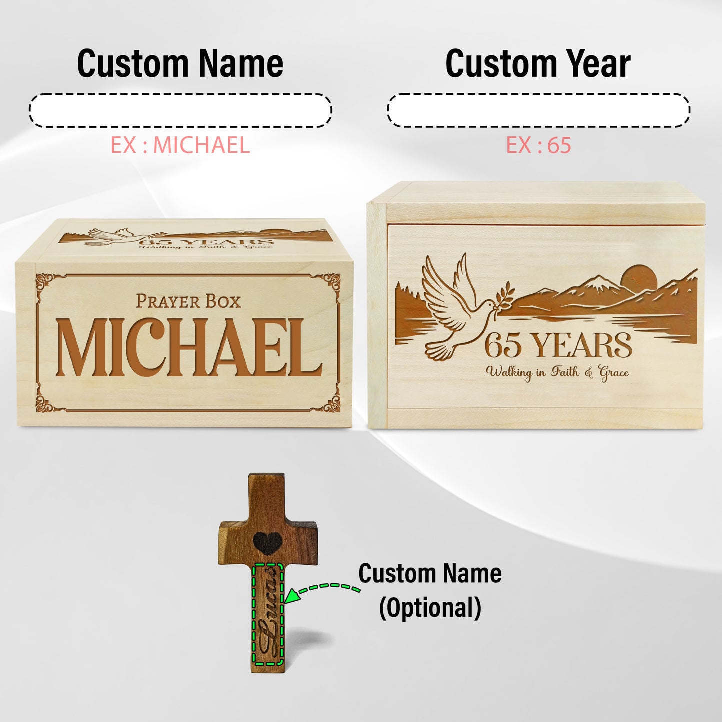 Netecom Personalized Birthday Prayer Box 65 Years with Custom Name, Christian Faith Gift with Wooden Cross & 100 Prayer Request Cards, Meaningful 65th Birthday Gift
