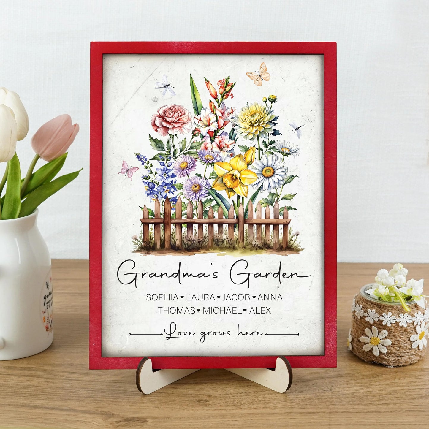 Netecom Personalized Grandma Garden Wooden Frame Birth Month Flower Sign Custom Nana Gift Motherās Day Wall Art Keepsake
