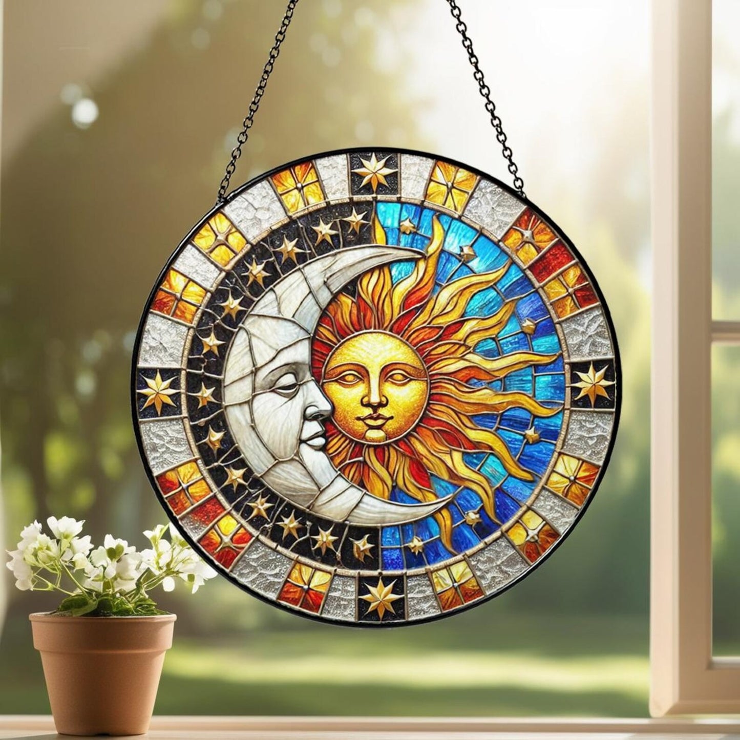 Netecom Celestial Sun & Moon Stained Glass Suncatcher Window Hanging, Night Sky Light Catcher, Starry Cosmic Home Decor Gift