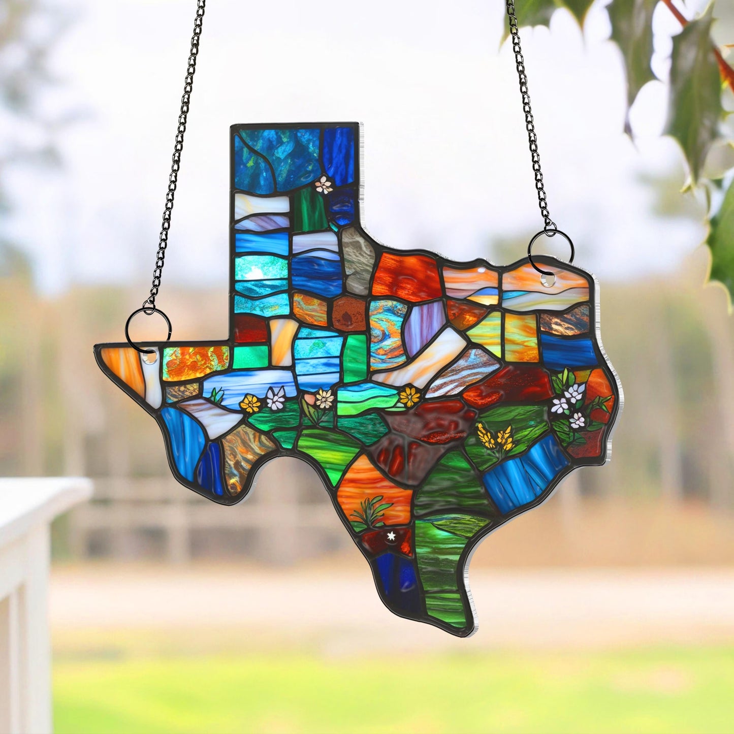 Netecom Custom Texas Suncatcher – Northern Mockingbird & Bluebonnet Window Hanging, Texas State Map Decorative Home Gift for Women Men Mom