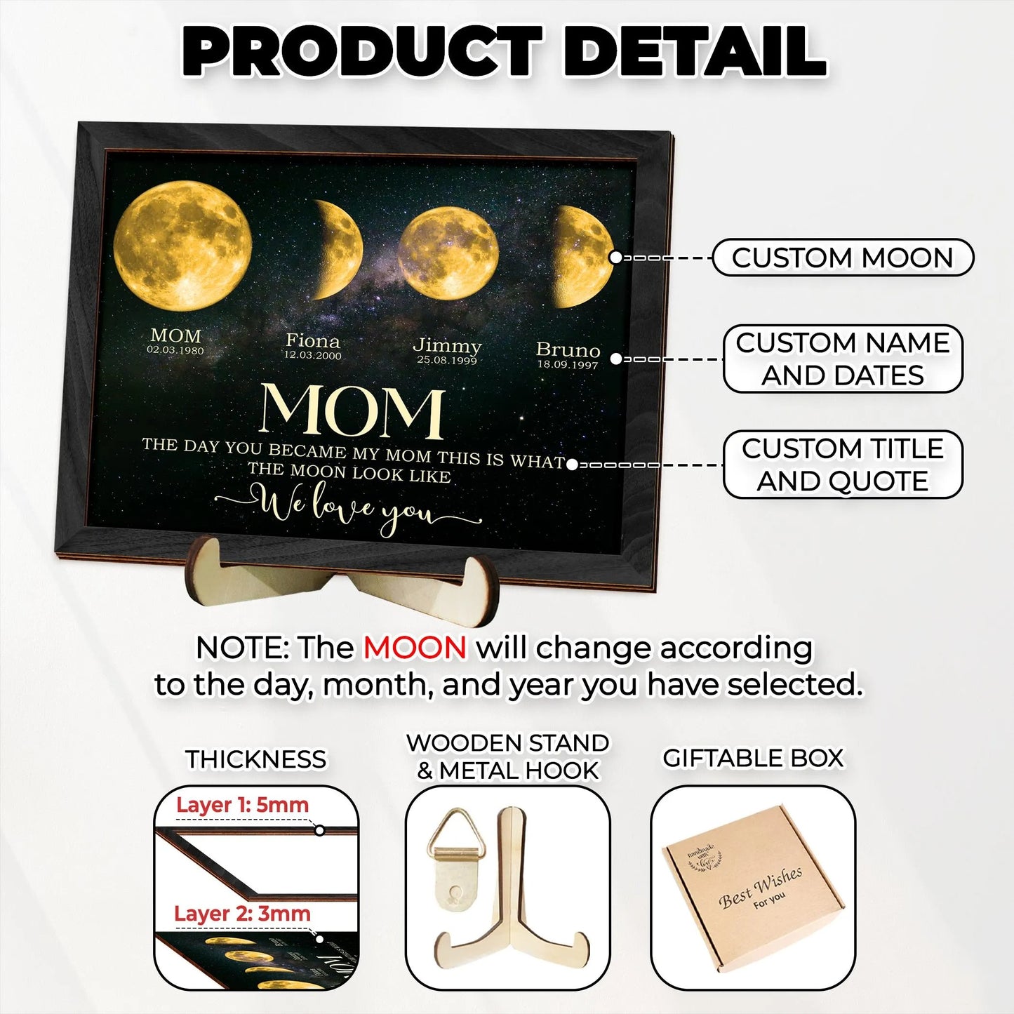 Netecom Personalized Moon Phase Frame with Kids' Names The Day You Became My Mom Gift Moon Phase Print Frame for Mother's Day Gift for Mama Unique Keepsake