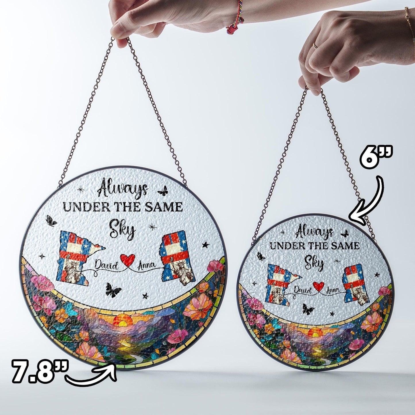 Netecom Personalized Long Distance Stained Glass Suncatcher, Always Under the Same Sky Gift, Long Distance Friendship Keepsake, Sister Best Friend