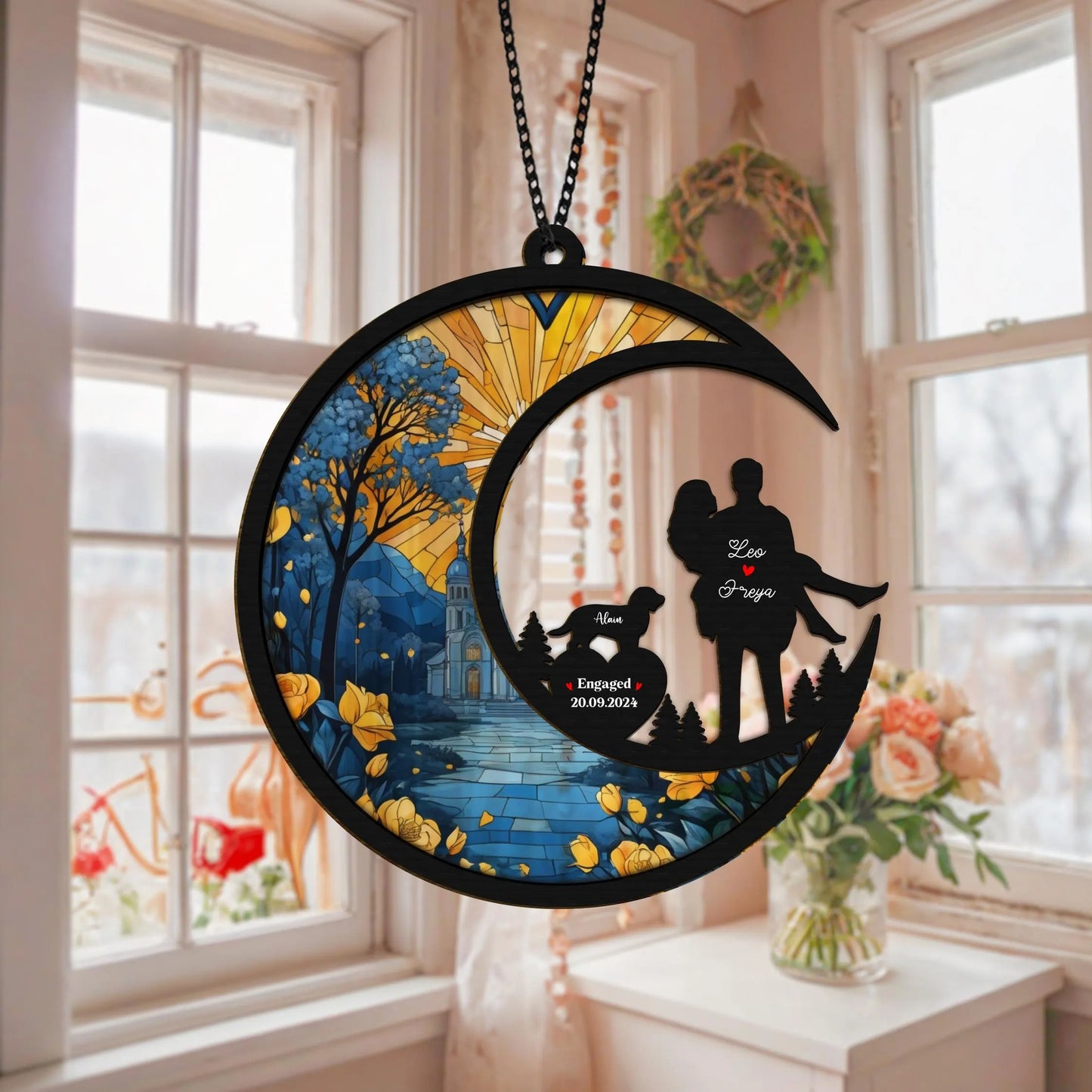 Netecom Personalized Couple Wedding Suncatcher – Custom Anniversary Gift, Engraved Couple Keepsake, Wedding or Engagement Gift, Pet Couple Memorial