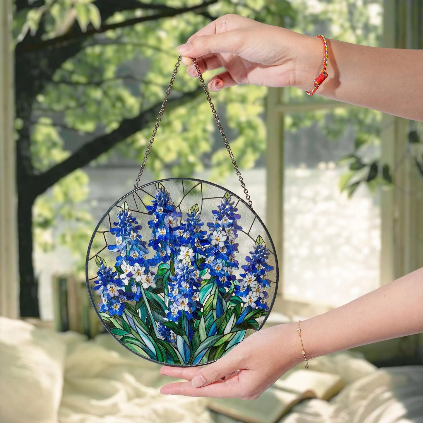 Netecom Blue Wildflower Stained Glass Suncatcher – Round Window Hanging Decor, Floral Sun Catcher Gift for Mom Grandma