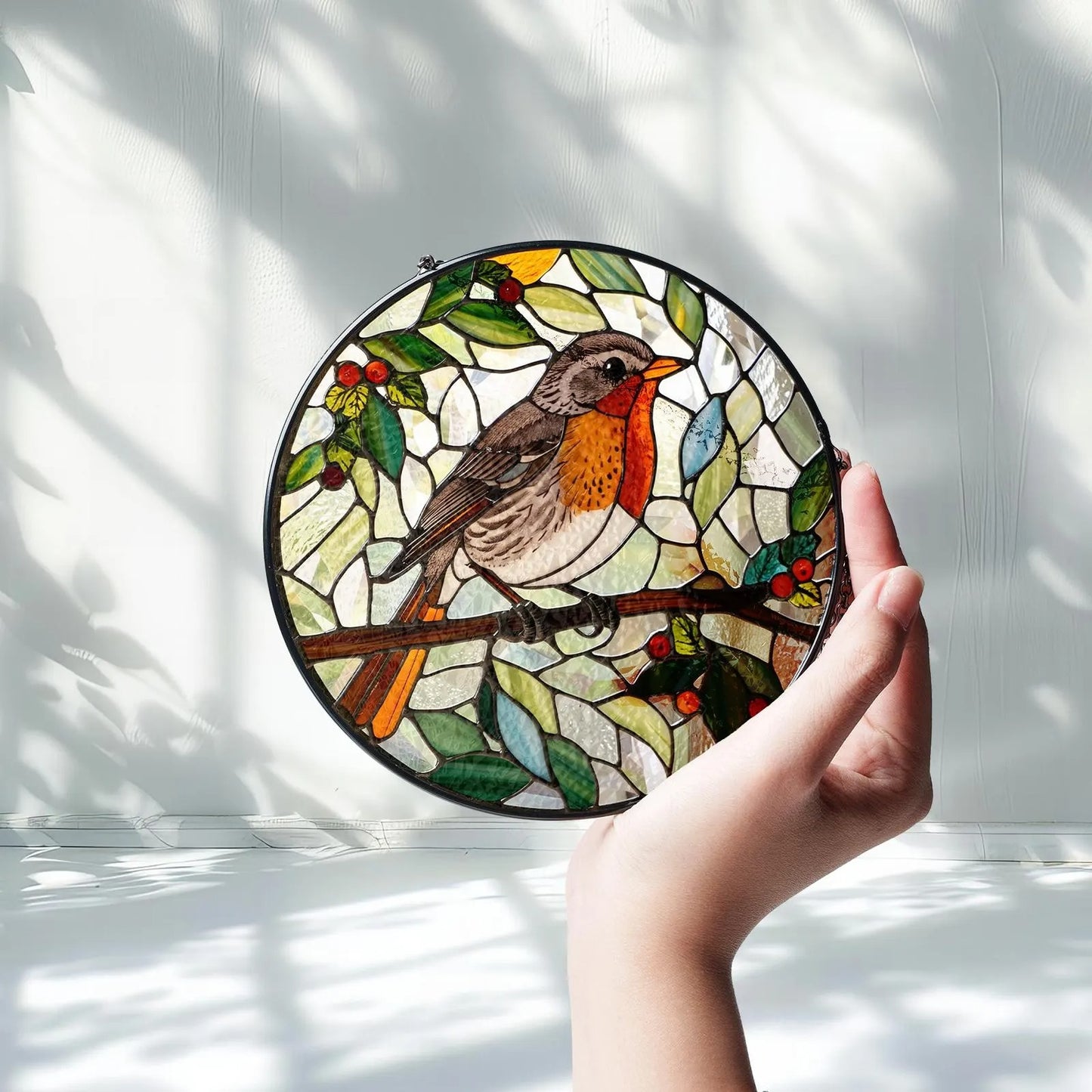 Netecom Robin Bird Stained Glass Suncatcher – Round Window Hanging Decor, Garden Lovers, Nature Bird Art Gift for Mom Grandma