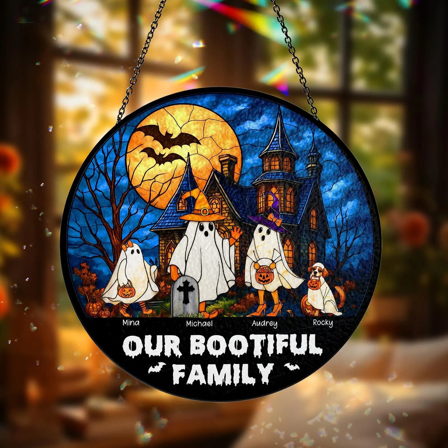 Netecom Personalized Our Bootiful Family Stained Glass Suncatcher – Custom Halloween Window Hanging, Fall Stained Glass Art, Spooky Home Decor