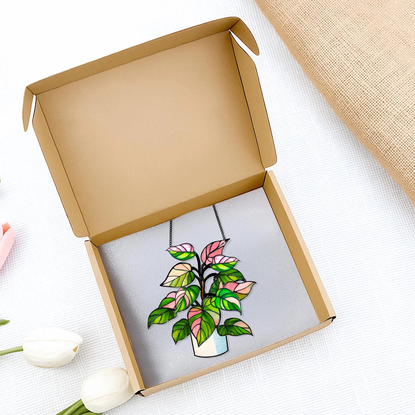 Netecom Philodendron White Princess Starter Plant Acrylic Suncatcher – Faux Stained Glass Window Hanging Decor for Plant Lovers, Rare Live Plant Garden Decor
