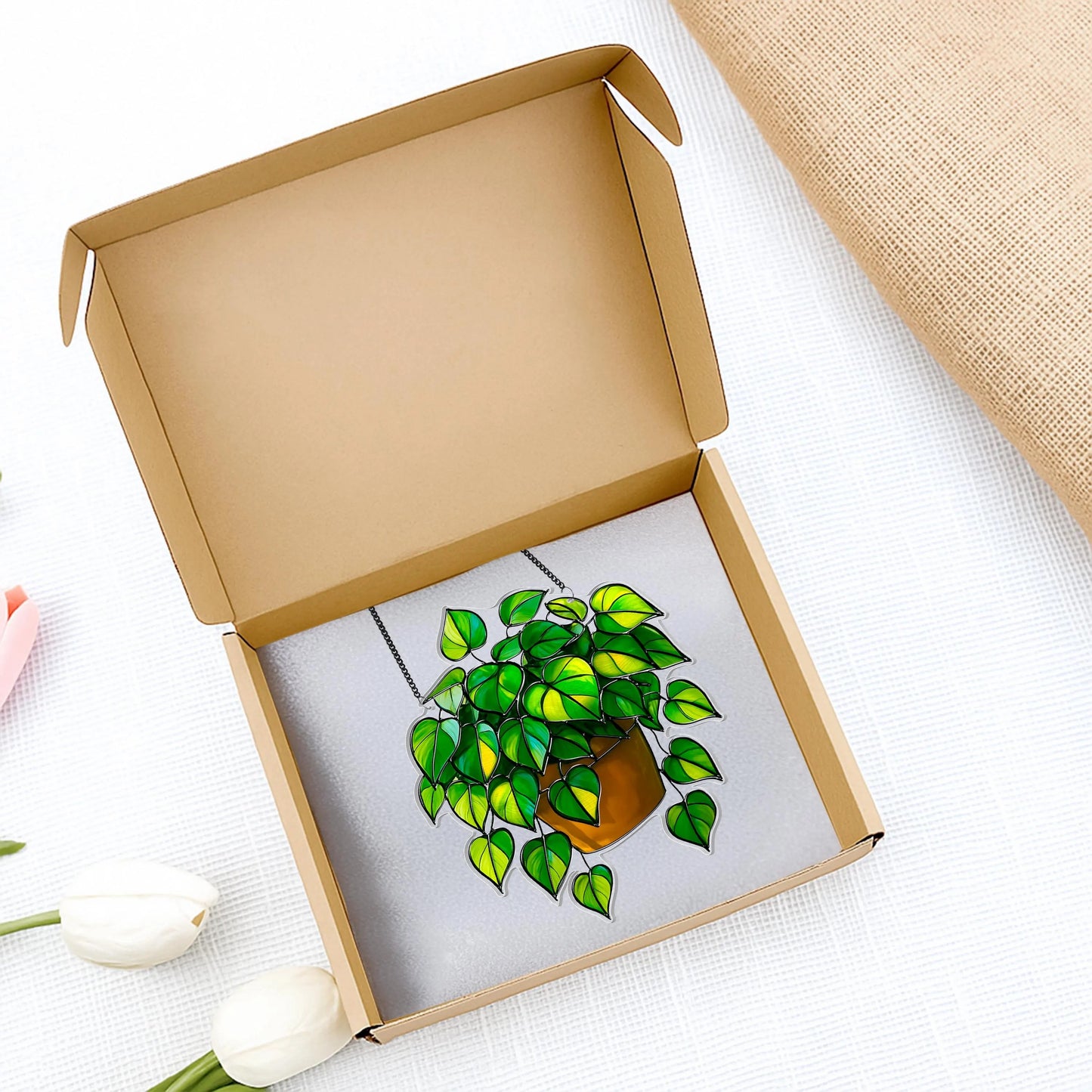Netecom Pothos Plant Acrylic Suncatcher – Faux Stained Glass Window Hanging, Botanical Home Art Decor, Plant Lover Gift, Indoor Garden Hanging Decor
