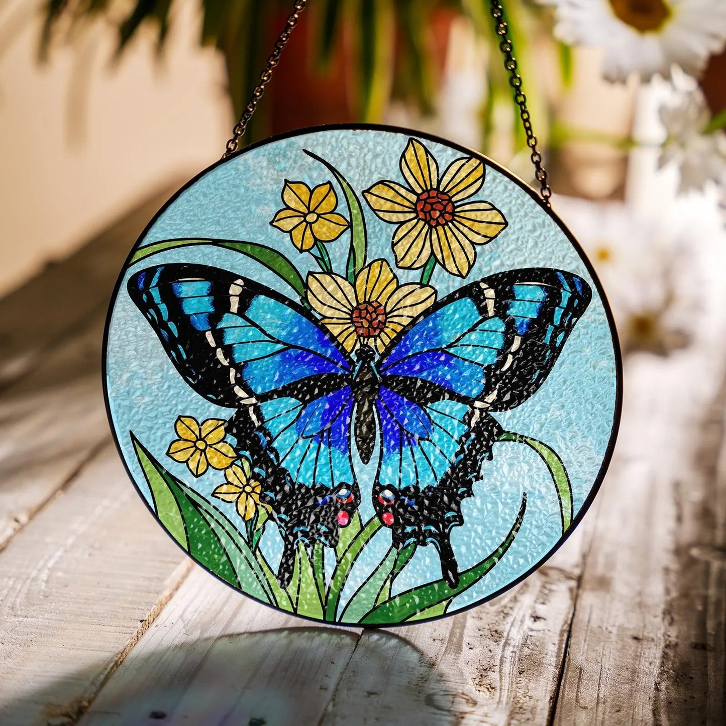 Netecom Blue Butterfly Stained Glass Suncatcher – Round Window Hanging Decor, Butterfly Lovers, Floral Sun Catcher Gift for Mom Grandma