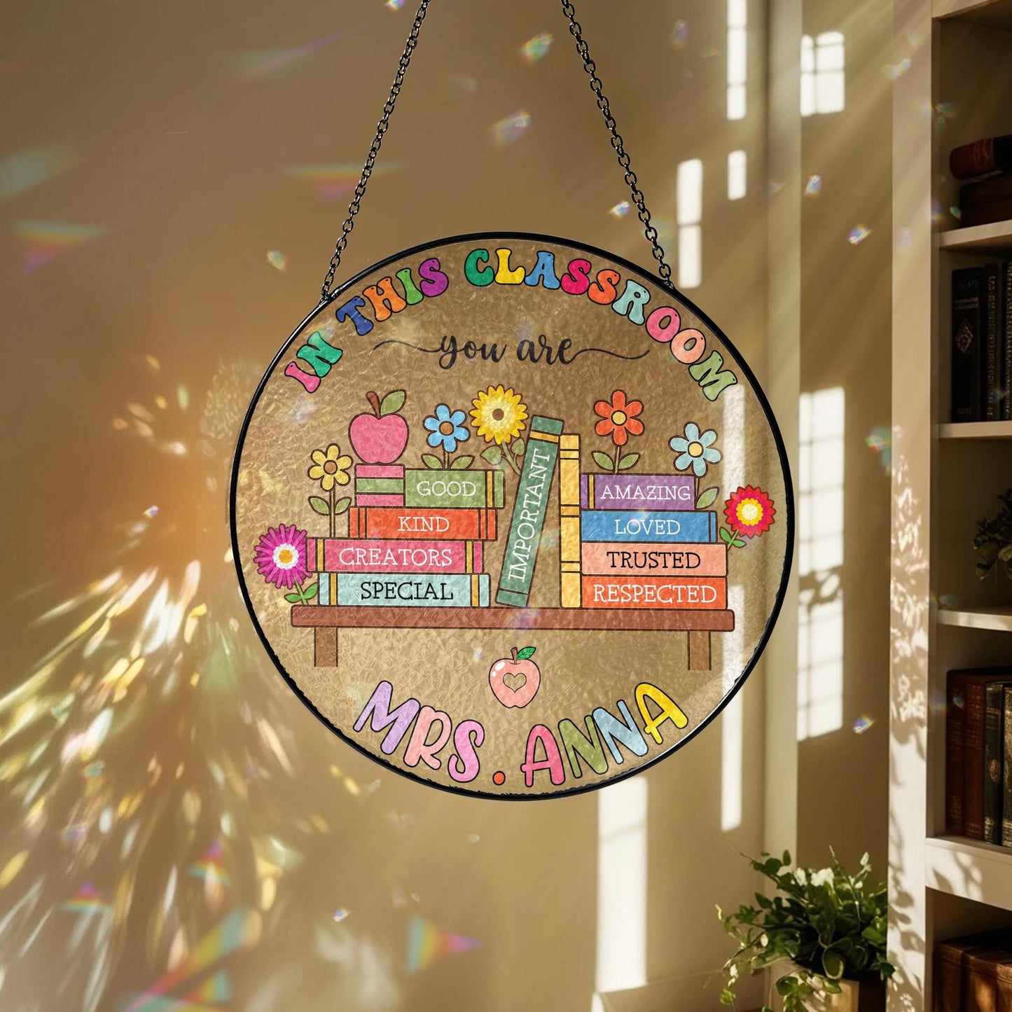 Netecom Personalized Teacher Stained Glass Suncatcher – Teacher Appreciation Gift for Back to School, Classroom Decor