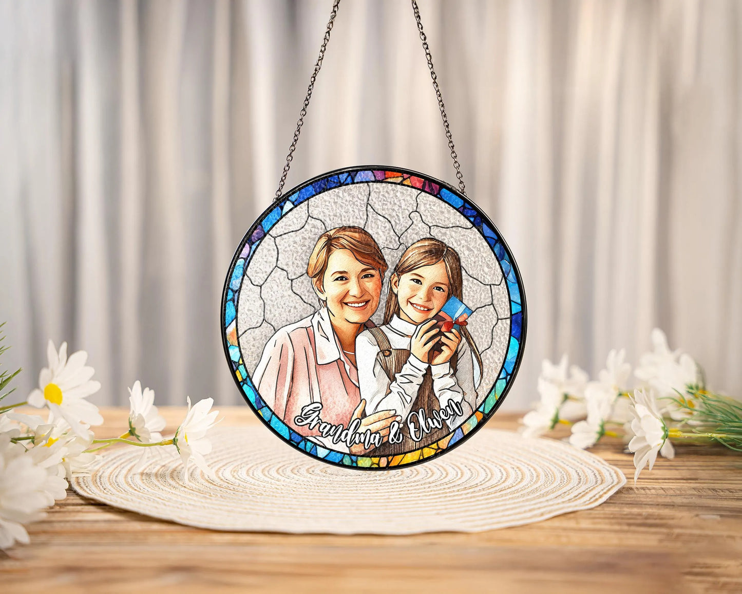 Netecom Personalized GrandmaGrandkids Stained Glass Suncatcher – Custom Family Portrait, Mother’s Day Gift, Nana Keepsake