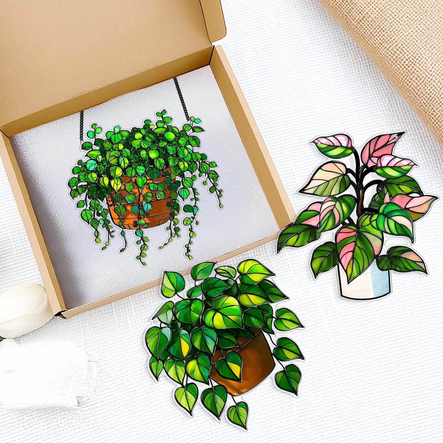 Netecom Pack of 3 Plant Acrylic Suncatchers – Faux Stained Glass Window Hanging, Botanical Home Art Decor, Garden Hanging Decor for Plant Lovers