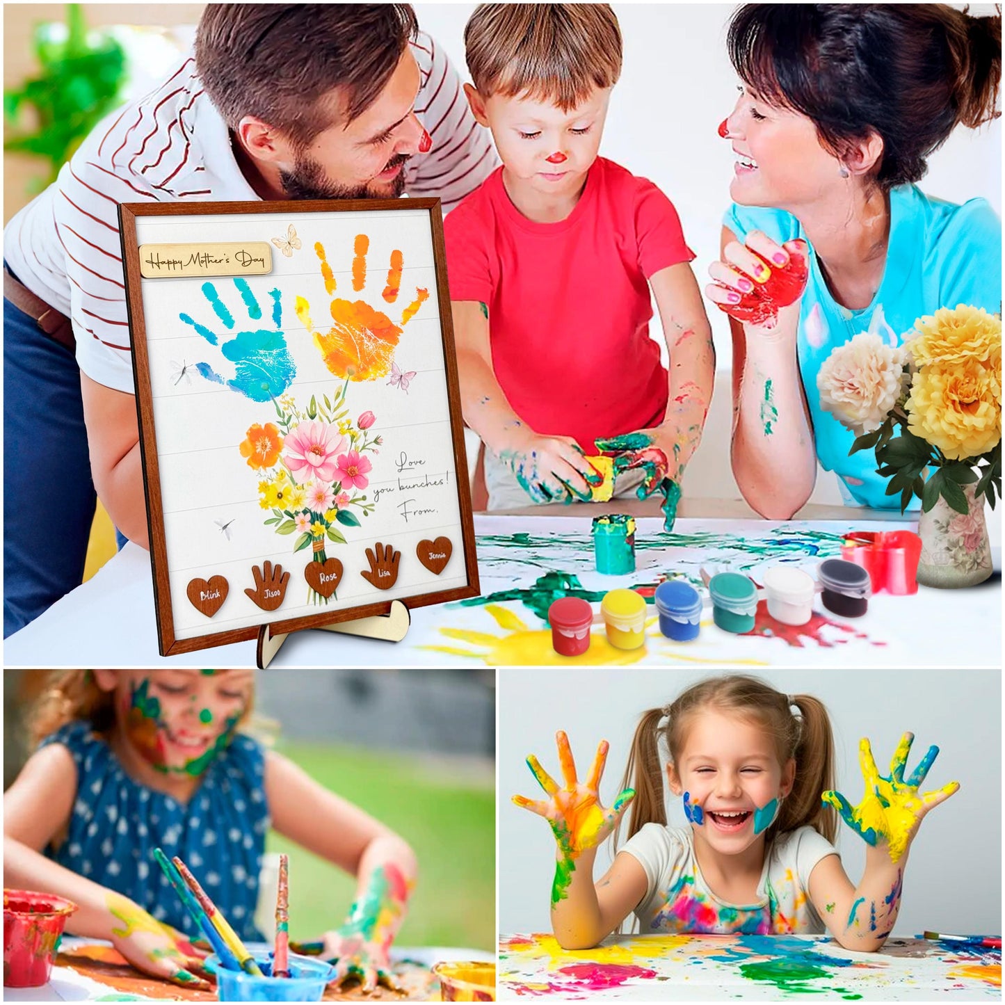 Netecom Personalized Handprint Flower Art Wooden Frame, Children’s Handprint Keepsake Gift for Mom, DIY Baby Handprint Wall Decor, Meaningful Birthday and Mother’s Day Gift