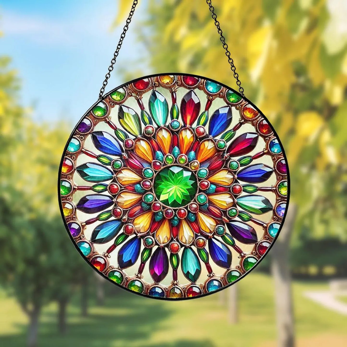 Netecom Mandala Stained Glass Suncatcher – Spiritual Healing Window Hanging, Yoga Decor, Boho Energy Healing Ornament, Chakra and Meditation Sun Catcher