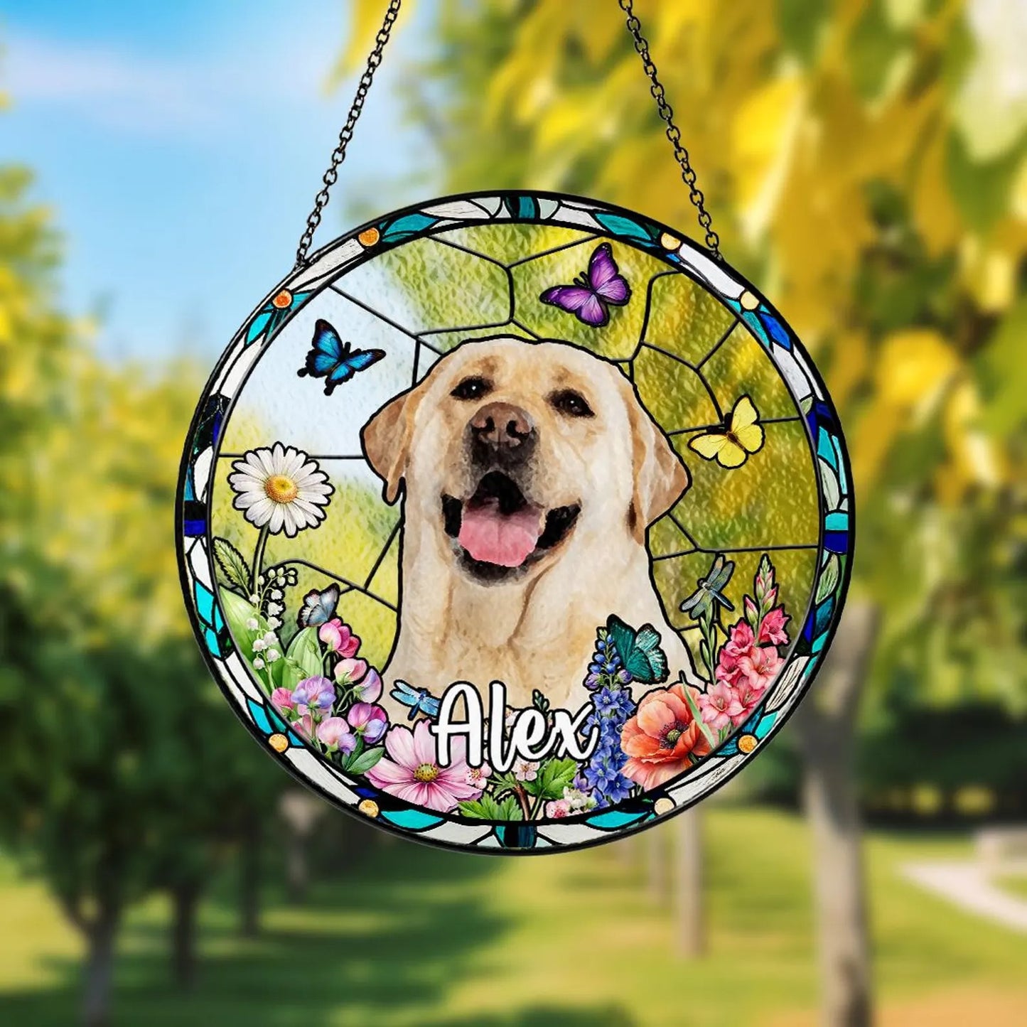 Netecom Personalized Pet Portrait Stained Glass Suncatcher – Custom Pet Memorial, Pet Lover Window Hanging, Thoughtful Sympathy Gift for Dog and Cat Owners