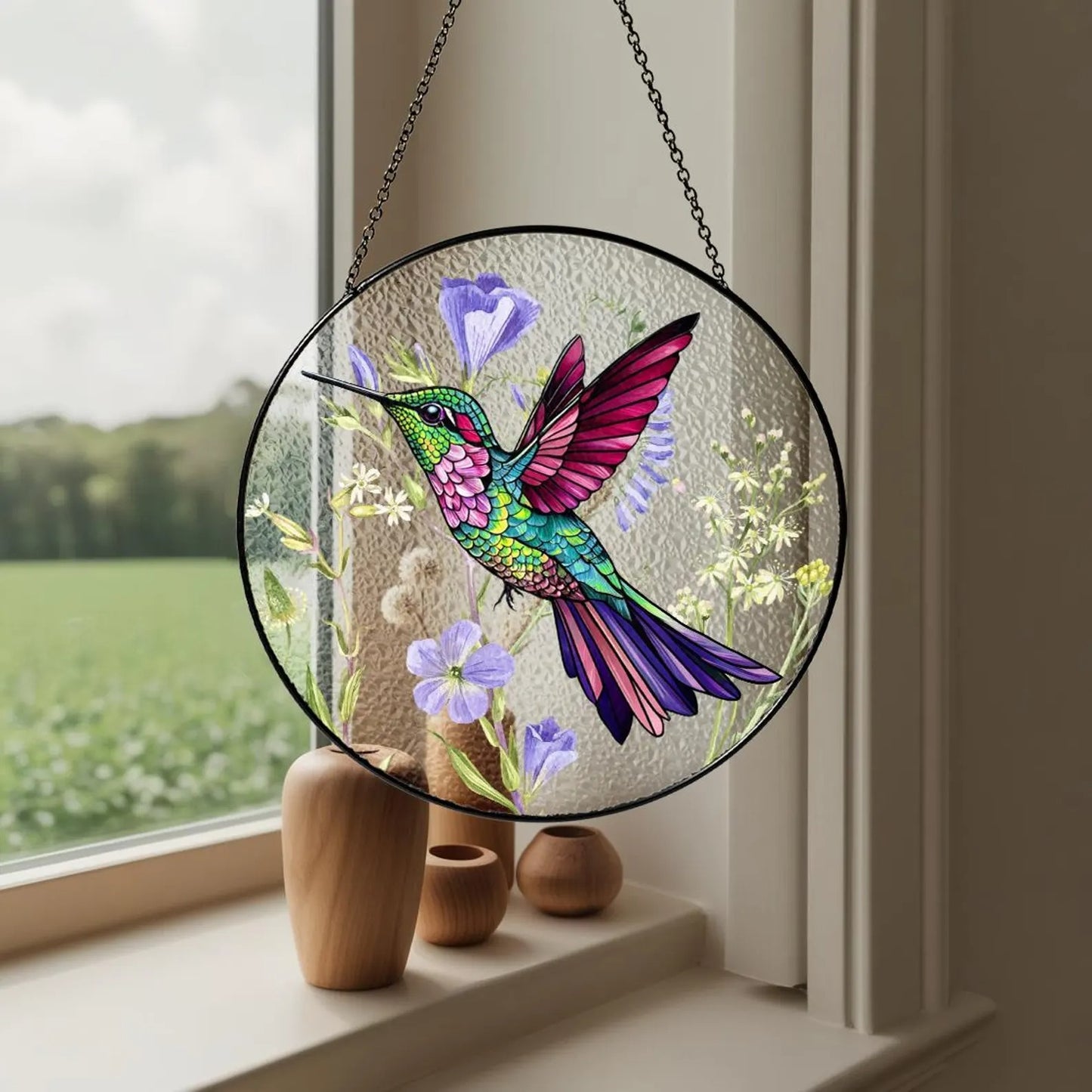 Netecom Stained Glass Hummingbird Suncatcher – Hummingbird and Wildflower Window Hanging, Gift for Hummingbird Lovers, Home Decor, Gift for Women
