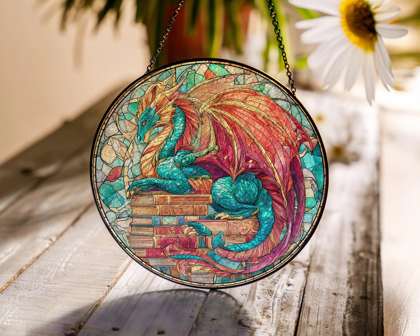 Netecom Fantasy Dragon Book Stained Glass Suncatcher – Magical Window Hanging for Book Lovers, Fantasy Fans, Book Clubs
