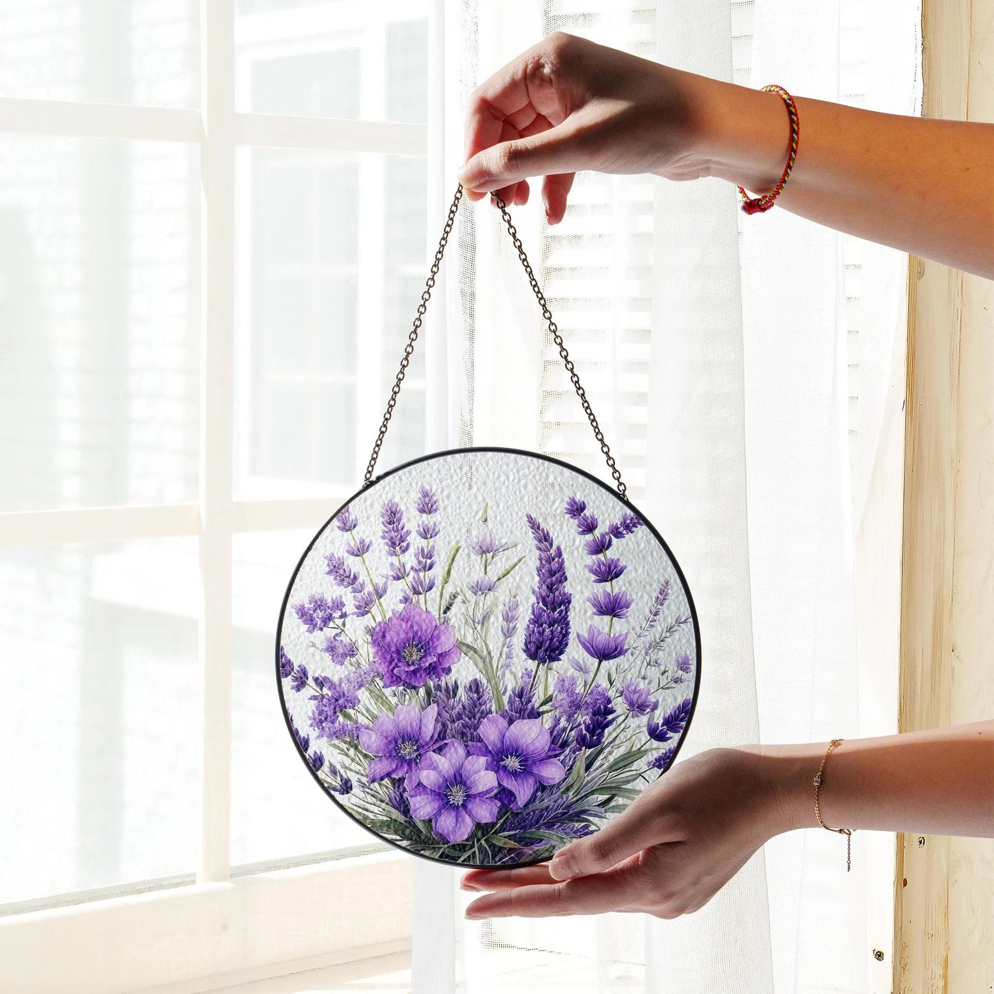 Netecom Violet Flower Stained Glass Suncatcher, Window Hanging Floral Art, Garden Window Decor, Mother’s Day Gift for Mom Grandma