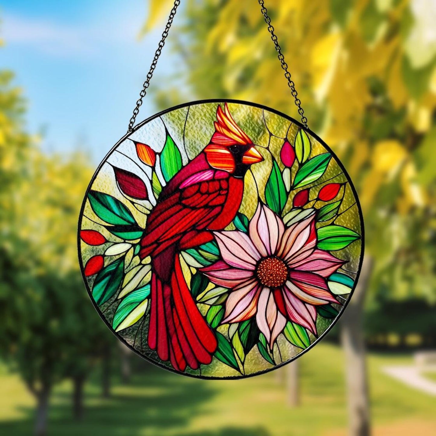 Netecom Red Cardinal Glass Suncatcher – Window Hanging Memorial Gift for Bird Lovers, Mom & Grandma Gift, Holiday Glass Art Decor