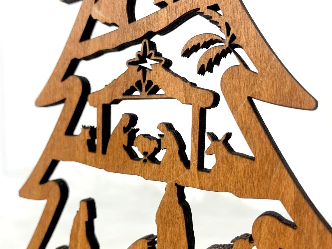 Netecom Personalized Nativity Tree with Stand – Wooden Christmas Tree Decoration with Detailed Holy Family Scene