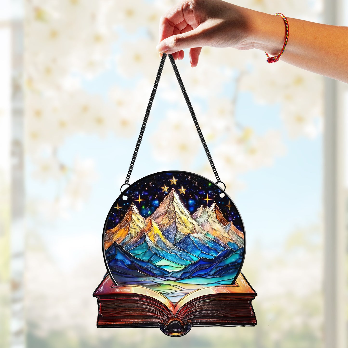Netecom Acrylic Suncatcher “Bookaholic” – Mountain & Galaxy Design, Perfect Gift for Readers and Christmas Décor