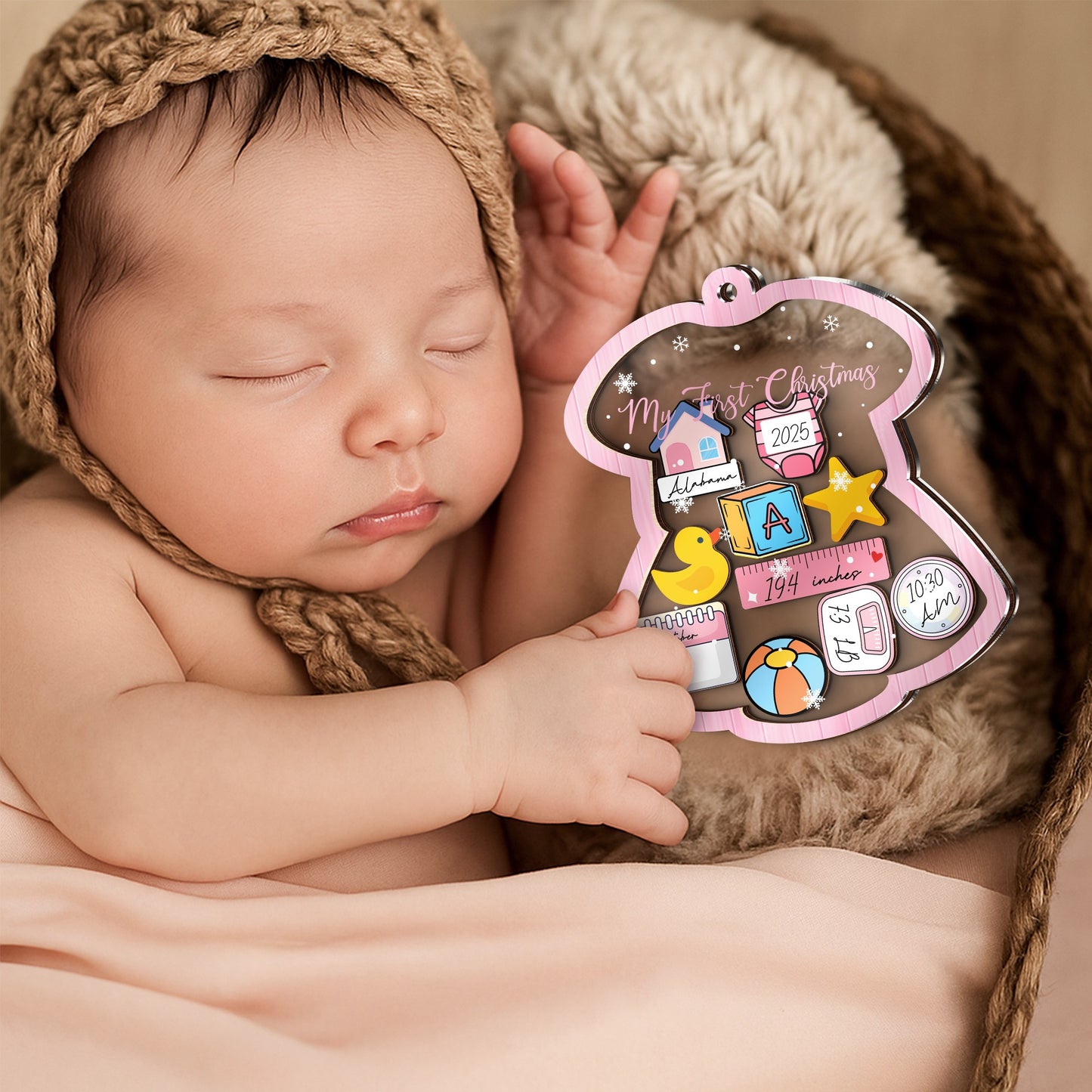 Netecom Baby's First Christmas Shaker Ornament Personalized Birth Stats Girl Gift Set with Photo Frame & DIY Name Pen