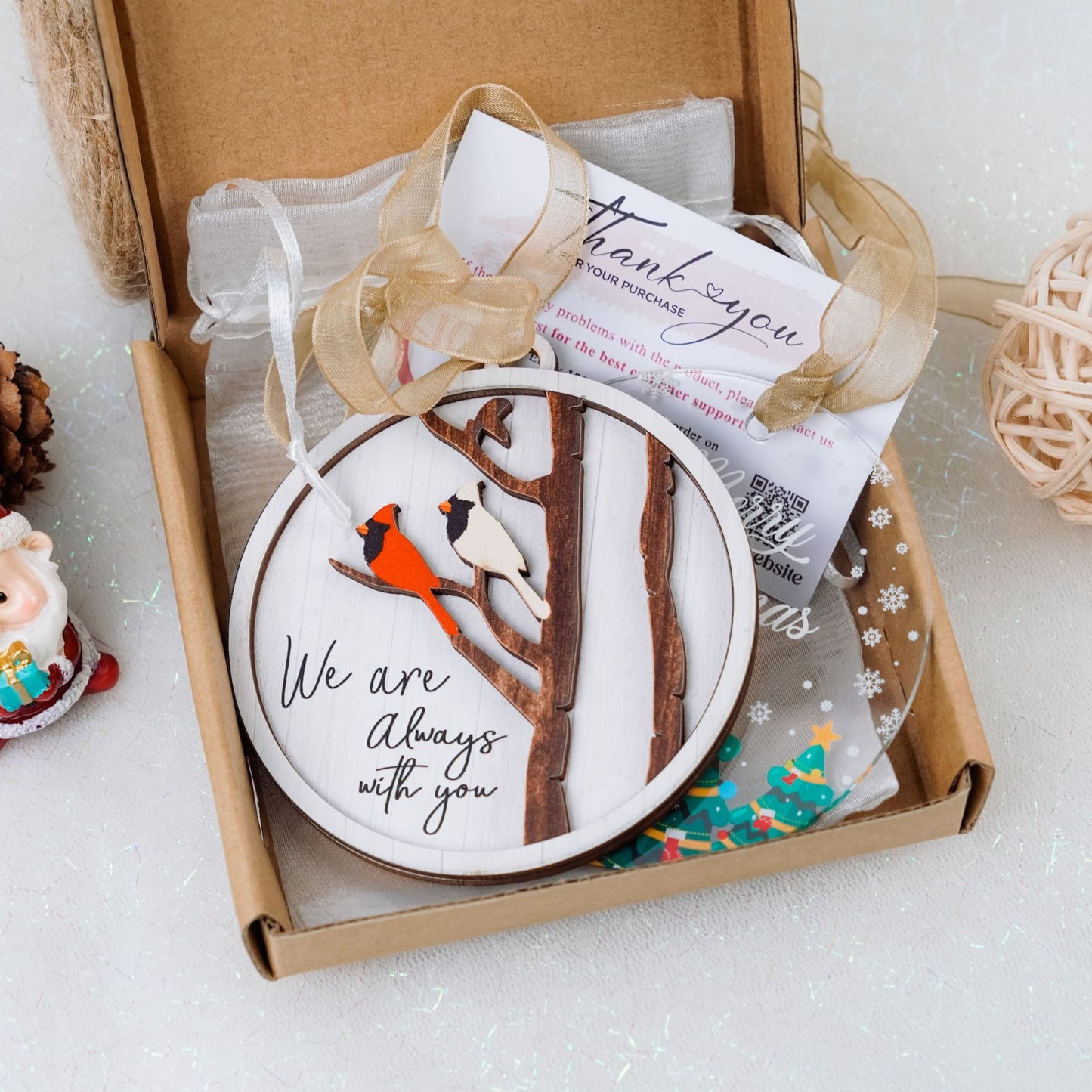 Netecom Cardinal Memorial & Merry Christmas Ornament Set,2 Pack, "We Are Always With You" Keepsake , Sympathy Gift Duo