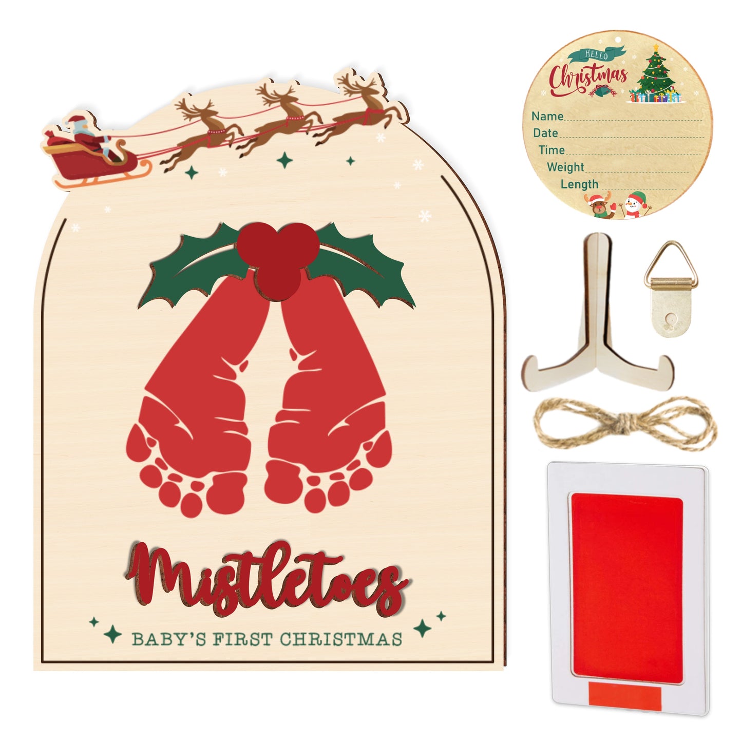 Netecom Baby Christmas Memory Sign – “Mistletoes” Wooden Footprint Kit with Ink Pad & Gift Box