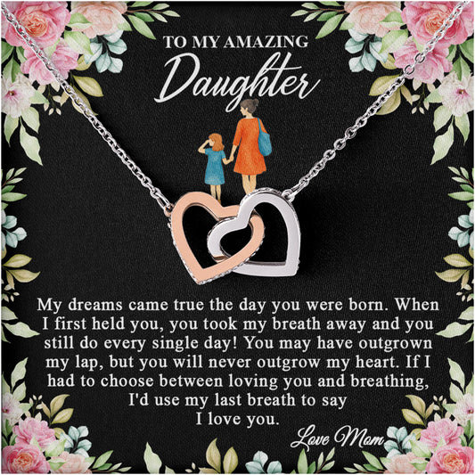 Netecom Personalized To My Amazing Daughter Necklace from Mom, Custom Vintage Flowers Message Card with Name, Interlocking Heart Jewelry Gift for Birthday, Christmas