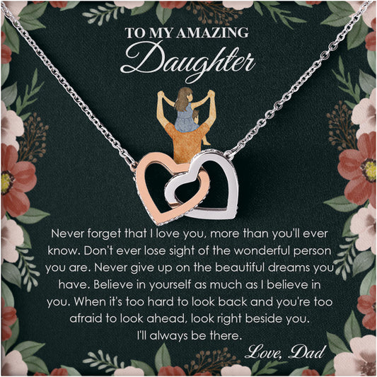Netecom Personalized To My Amazing Daughter Necklace from Dad, Custom Message Card with Name, Never Forget That I Love You Interlocking Heart Jewelry Gift for Birthday, Christmas