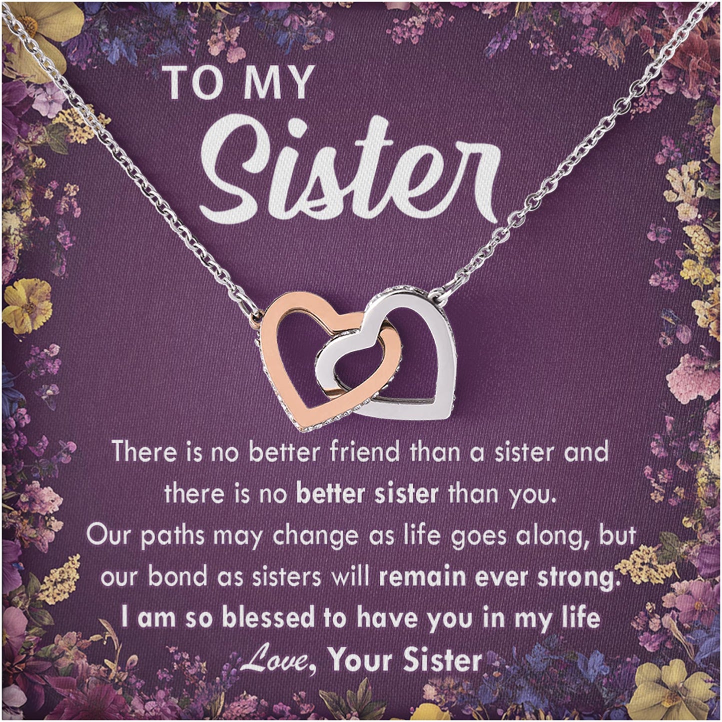 Netecom Personalized To My Sister Necklace from Sister, Interlocking Heart Jewelry with Floral Card, Birthday, Christmas, Graduation Gift for Sister