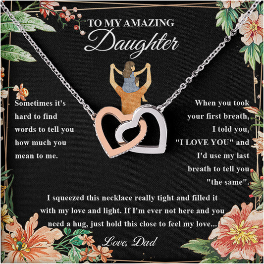 Netecom Personalized To My Amazing Daughter Necklace from Dad, Custom Retro Floral Message Card with Name, Interlocking Heart Jewelry Gift for Birthday, Christmas