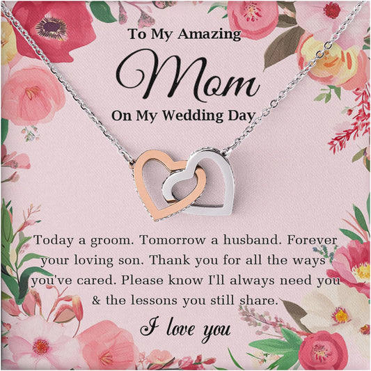 Netecom Personalized Necklace for Mom on Wedding Day – To My Amazing Mom Interlocking Heart Jewelry Gift from Son with Message Card for Wedding, Birthday, Christmas