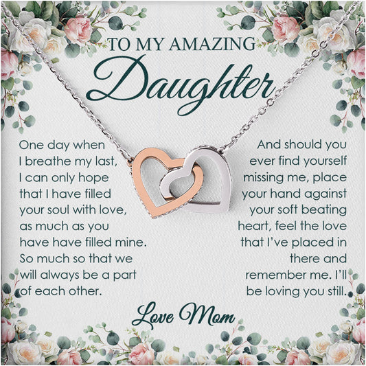 Netecom Personalized To My Amazing Daughter Necklace from Mom, Custom Vintage Flower Message Card with Name, Interlocking Heart Jewelry Gift for Birthday, Christmas